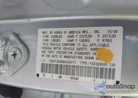 2009 Honda Accord 2.4 Lx-P из США, поврежденный, VIN 1HGCP26489A039717